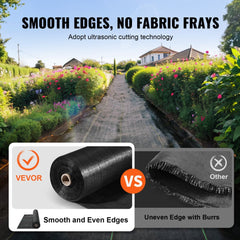 Comparison of woven geotextile weed barrier fabric with smooth ultrasonic-cut edges versus frayed edges with burrs.