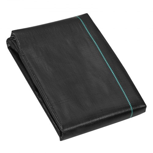 Heavy duty black woven polypropylene weed barrier fabric rolls, measuring 3x100 feet.