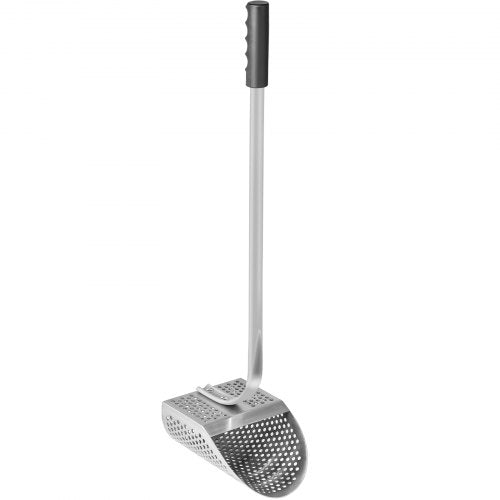Stainless steel sand scoop with 10mm holes and a 24.4-inch ergonomic handle.