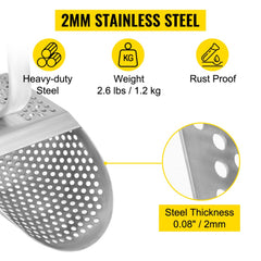 Stainless steel sand scoop with 10mm holes and a 24.4-inch ergonomic handle.