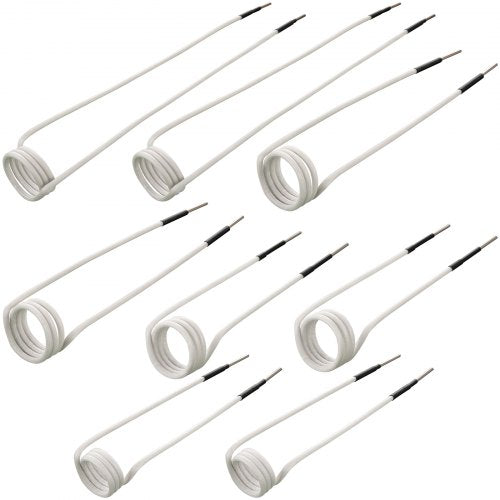 Eight flexible white induction heater coils of varying sizes and lengths.