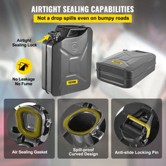 Black steel 5.3-gallon jerry fuel can with airtight sealing lock, curved spout, and anti-slide pin.