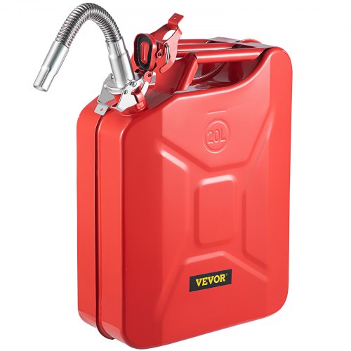 Red 5.3-gallon SKYSHALO jerry fuel can made of steel with flexible spout.