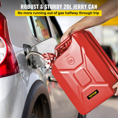 Red 5.3-gallon SKYSHALO jerry fuel can made of steel with flexible spout, shown being poured into a car.