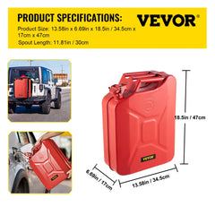 Red 5.3-gallon steel jerry fuel can with flexible spout and triple handles, shown on a Jeep and in hand.
