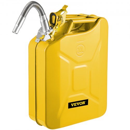 Yellow steel jerry fuel can with flexible spout and ergonomic handles for easy pouring.