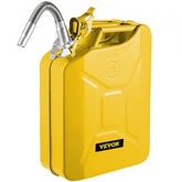 Yellow steel jerry fuel can with flexible spout and ergonomic handles for easy pouring.