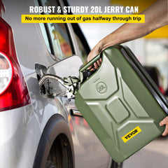 Green 20L steel jerry fuel can with spout, shown being poured into a car gas tank.