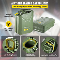 Green 20L steel jerry fuel can with airtight sealing lock, flexible spout, and no-leak design.