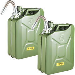 Two green 20L steel jerry fuel cans with flexible spouts, each holding 5.3 gallons.