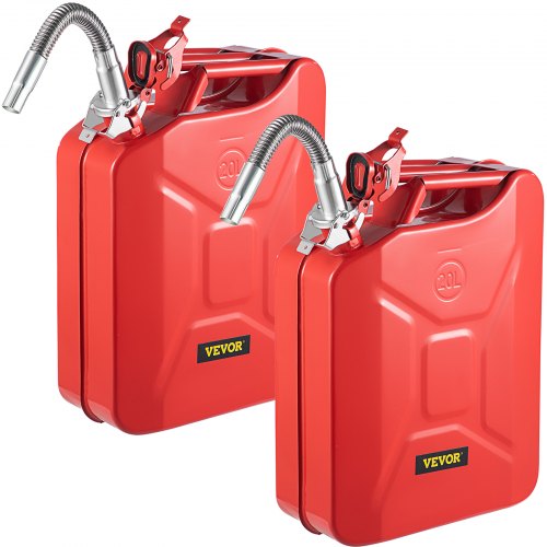 Red steel jerry fuel can set with flexible spouts and ergonomic handles for easy transport.