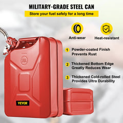Red steel jerry fuel cans with flexible spouts, featuring ergonomic handles for easy transport.