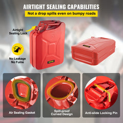 Red steel jerry fuel can set with flexible spouts, ergonomic handles, and compact design.