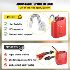 Red steel jerry fuel can with flexible spout, 20L capacity, and three ergonomic handles.