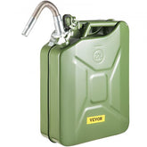 Green steel 5.3-gallon jerry fuel can with a flexible spout and three ergonomic handles.