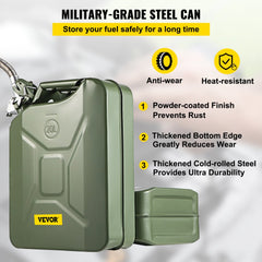 Green steel 5.3-gallon Jerry fuel can with flexible spout and three ergonomic handles.