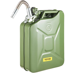 Green steel 5.3-gallon Jerry fuel can with a flexible spout and ergonomic handles.