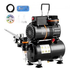 Bostome airbrush kit with black compressor, 3.5L tank, 0.3mm tip, hose, and accessories.