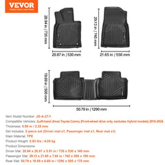 3-piece black TPE floor mats for Toyota Camry 2018-2024, showing driver, passenger, and rear positions with dimensions.