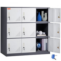 Gray steel employee locker with 9 lockable doors, ventilation, and keys included.