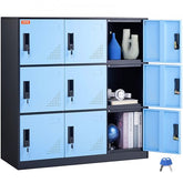 Black 9-door metal employee locker cabinet with open compartments showing storage items.