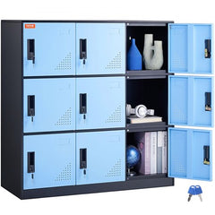 Black 9-door metal employee locker cabinet with open compartments showing storage items.