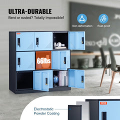 Black 9-door metal employee locker cabinet with open compartments and 66lbs capacity per door.