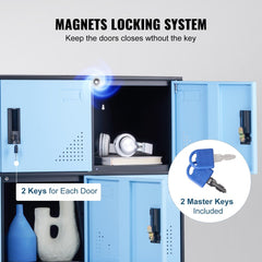 Black 9-door metal employee locker cabinet with magnet locking system, keys, and open compartments showing storage.