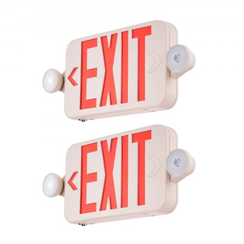 Two white LED exit signs with red "EXIT" text, adjustable arrows, and emergency lights.