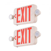 Two white LED exit signs with red "EXIT" text, adjustable arrows, and emergency lights.
