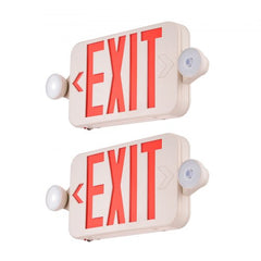 Two white LED exit signs with red "EXIT" text, adjustable arrows, and emergency lights.
