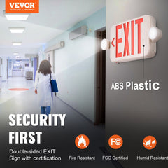 Double-sided LED exit sign with emergency lights, battery backup, and ABS plastic housing.