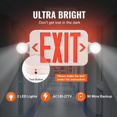 White LED exit sign with red EXIT text, dual emergency lights, test button, and battery backup indicator.