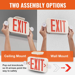 LED exit sign with emergency lights showing ceiling and wall mounting options with adjustable arrows.