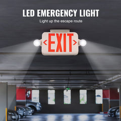 Red LED exit sign with emergency lights, battery backup, and durable ABS plastic housing.