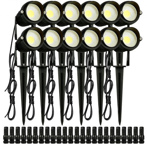 12-pack of 6W warm white LED landscape spotlights with ground stakes and connectors.