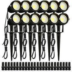 12-pack of 6W warm white LED landscape spotlights with ground stakes and connectors.