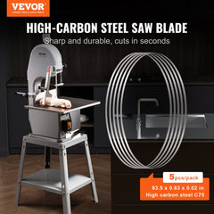 Five 83.5" carbon steel meat bone band saw blades in rust-proof packaging.