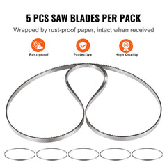 Five 83.5" carbon steel meat bone band saw blades in rust-proof packaging.