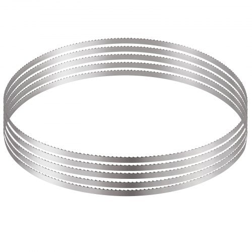 Five 51.2" carbon steel meat bone band saw blades in rust-proof wrapping for easy storage.