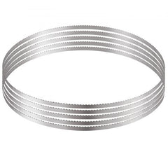 Five 51.2" carbon steel meat bone band saw blades in rust-proof wrapping for easy storage.