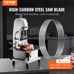 Five 51.2" carbon steel meat bone band saw blades in rust-proof packaging for precise cutting.