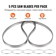 Five 51.2" carbon steel meat bone band saw blades in rust-proof wrapping.