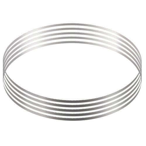 Five-pack of 82.3" carbon steel meat bone band saw blades with sharp serrated teeth.