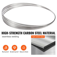 Five-pack of 82.3" carbon steel meat bone band saw blades with sharp serrated teeth.