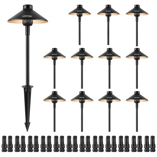 12-pack of black LED landscape path lights with conical shades, stakes, and connectors.