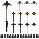 12-pack of black LED landscape path lights with conical shades, stakes, and connectors.
