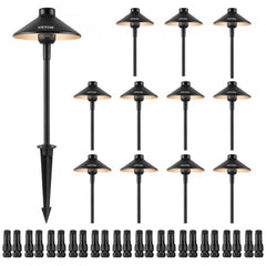 12-pack of black LED landscape path lights with conical shades, stakes, and connectors.