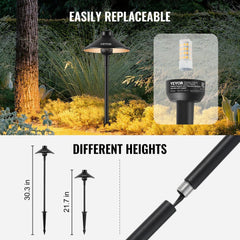 Bostome 12-pack 3W 3000K LED low voltage landscape path lights with replaceable bulbs and adjustable heights.