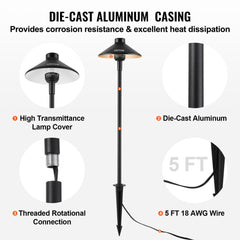 Die-cast aluminum casing on black LED landscape path light with 5 ft wire and stake.